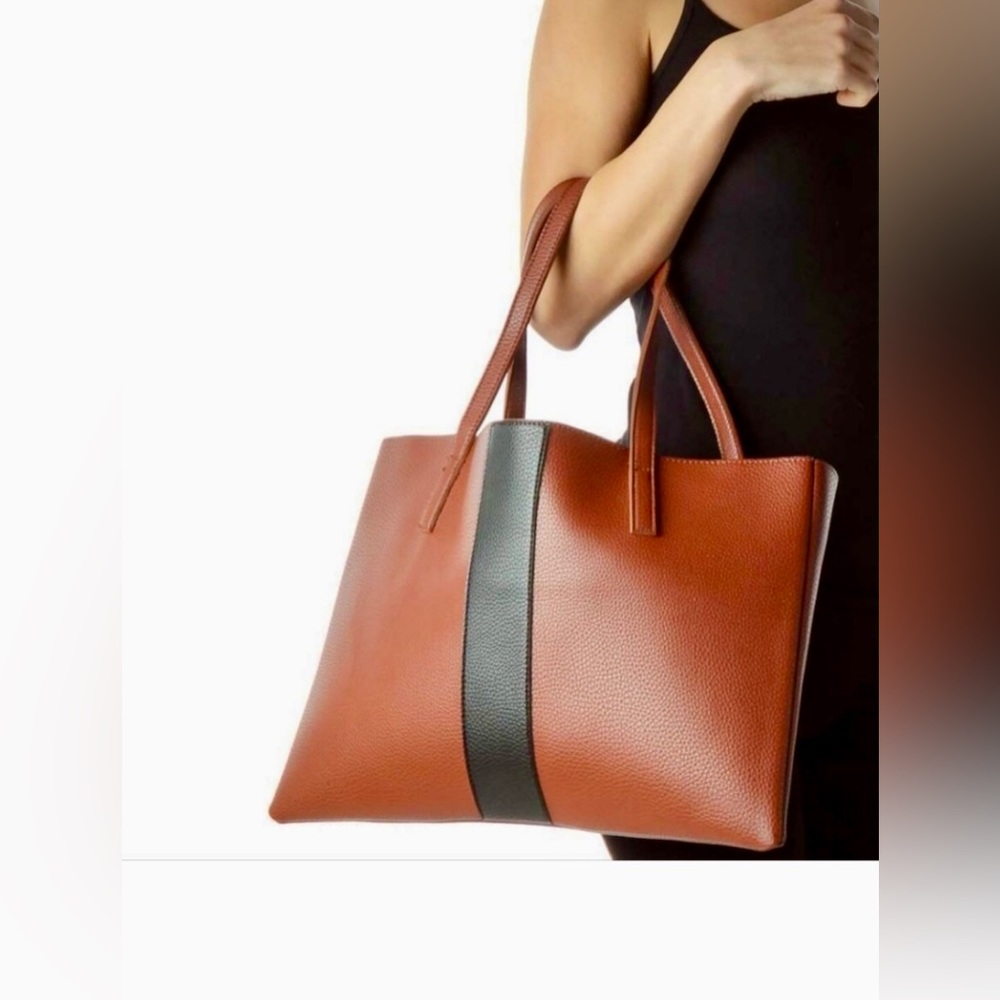 VINCE CAMUTO Tumbled Faux Leather Tote,Rich Chestnut Brown,Black Stripe.NWOT NEW - Picture 3 of 16
